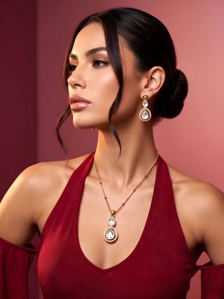 ADIVA 1 Gram Gold-Plated Polki Kundan & Stone Teardrop Luxe Pendant Necklace Set-picture-36