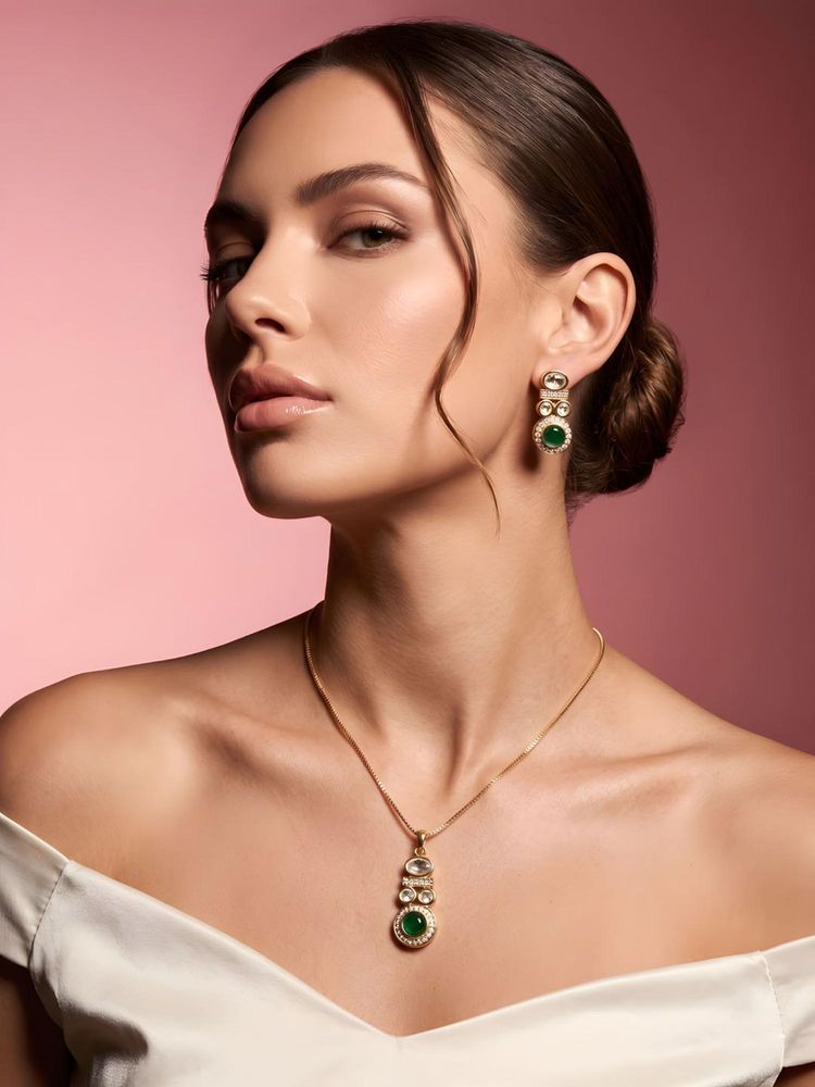 ADIVA 1 Gram Gold-Plated Green Polki Kundan & Stone Pendant Necklace Set-picture-21