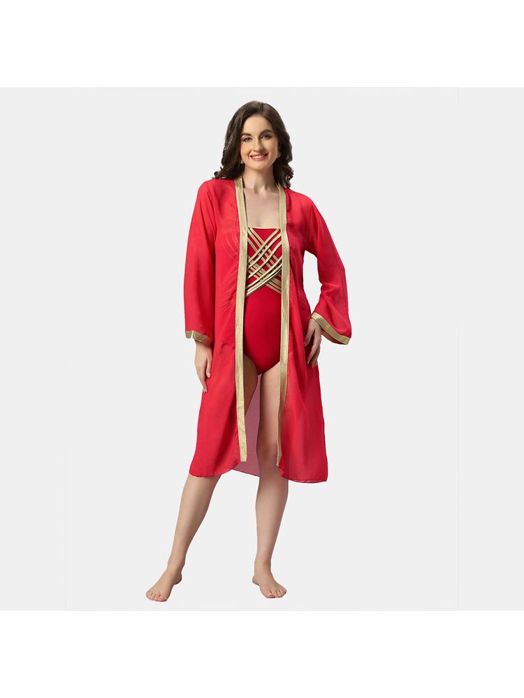 SOIE Aqua Swimwear Full Bell Sleeves Front Open Metallic Gold Robe Cover Up-picture-0