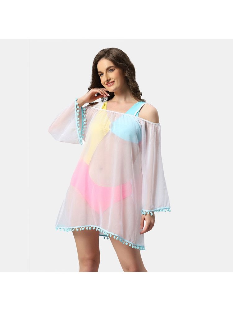 SOIE Aqua Swimwear Full Sleeves Off Shoulder Pom-Pom Cover Up Dress-picture-17