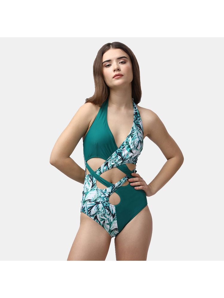 SOIE Aqua Swimwear Solid and Tropical Printed Halter Neck Swimsuit-image-35