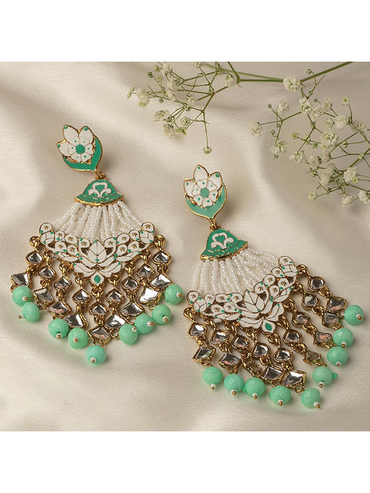 Zaveri Pearls Enamelling Sea Green Multistrand Pearls & Kundan Dangle Earring - ZPFK7383