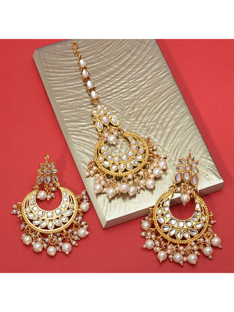 Zaveri Pearls Gold Tone Kundan & Pearls Dangle Earring & Maangtikka Set - ZPFK8537