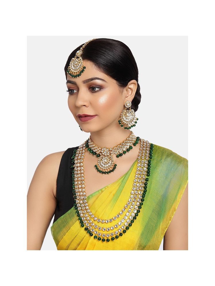 Zaveri Pearls Green Beads Bridal Kundan Choker & Long Necklace, Earring & Maantikka Set (ZPFK9793)