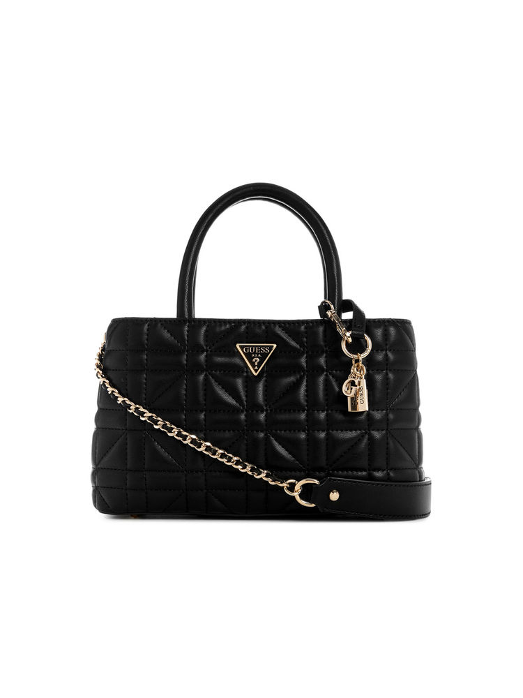 Guess Black Quilted Edita Elite Satchel Bag with Detachable Strap-image-36