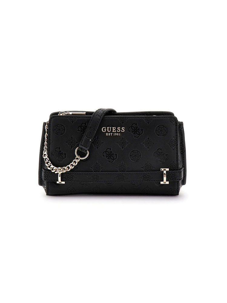 Guess Black Logo Textured Zarela Top Zip Sling Bag with Detachable Strap-image-48