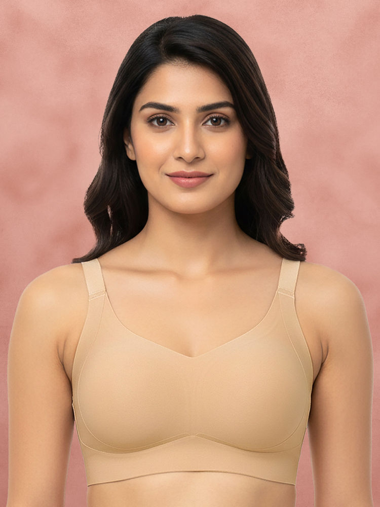 Shyaway Cream Skin Smooth Finish Non Padded Full Coverage Wirefree Seamless Detachable Bra-image-2