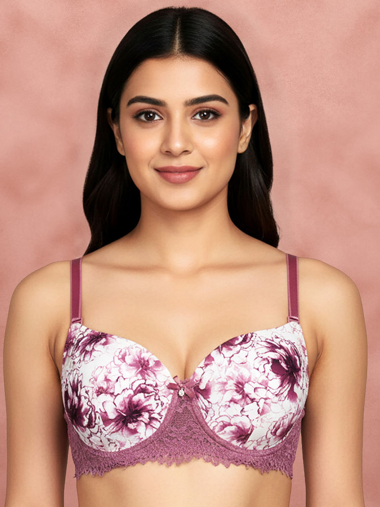 Shyaway By Susie Dusky Orchid Wirefree 3/4Th Coverage Lace Work Seamed Multiway Padded Bra-image-2