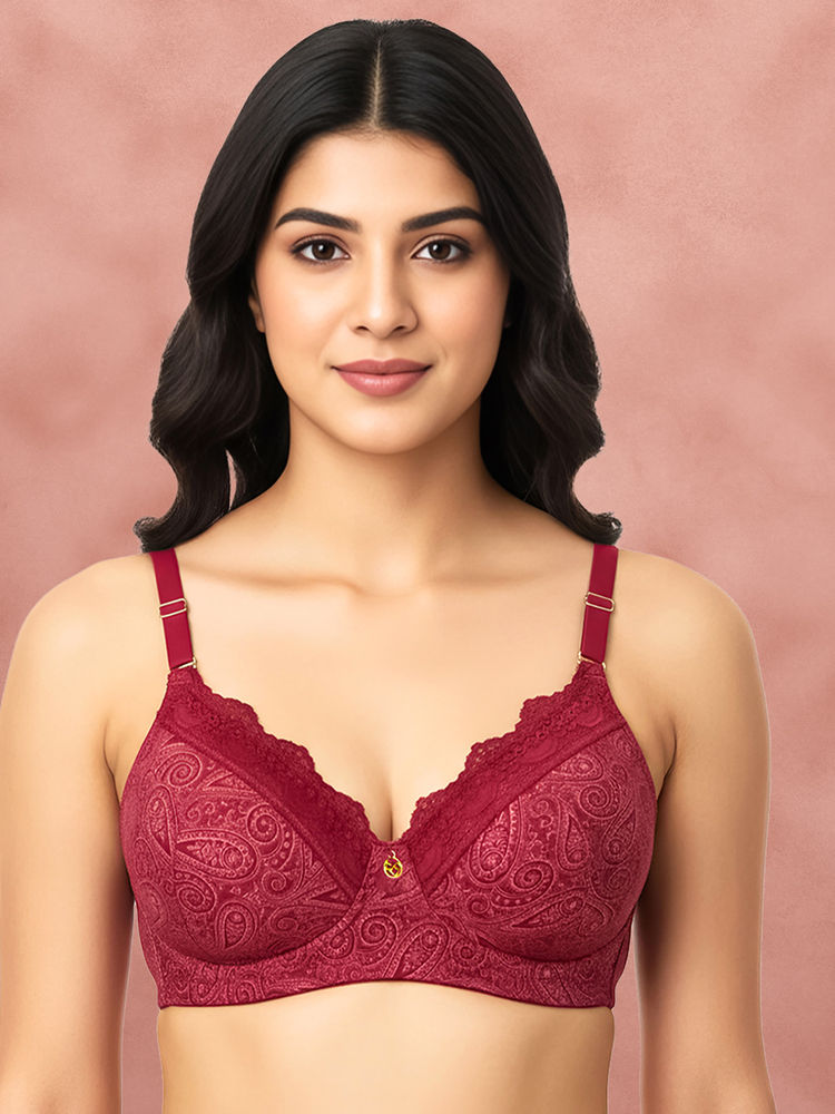 Shyaway By Susie Beet Red 3/4Th Coverage Seamed Wirefree Multiway Indian Motif Padded Bra-image-14