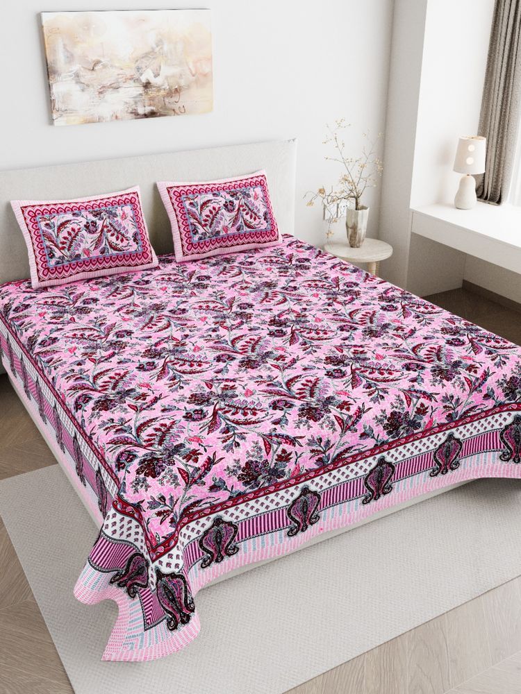 JAIPUR FABRIC 180 TC Pure Cotton Floral Pink Flat Double Bedsheet With 2 Pillow Covers-image-44