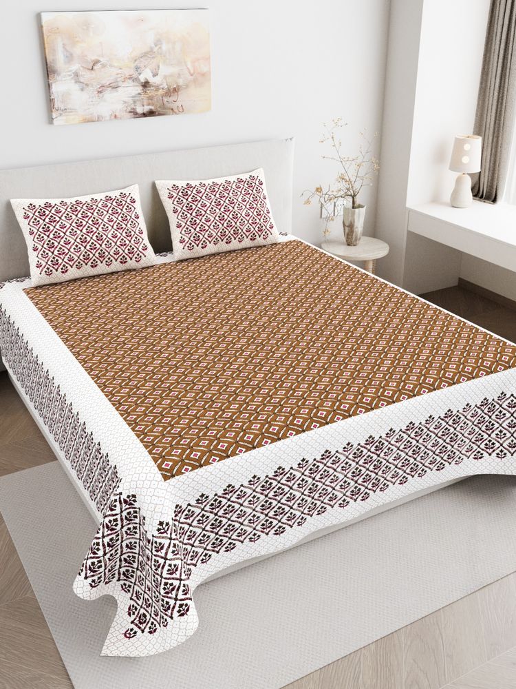 JAIPUR FABRIC 180 TC Pure Cotton Floral Brown Flat Double Bedsheet With 2 Pillow Covers-image-1