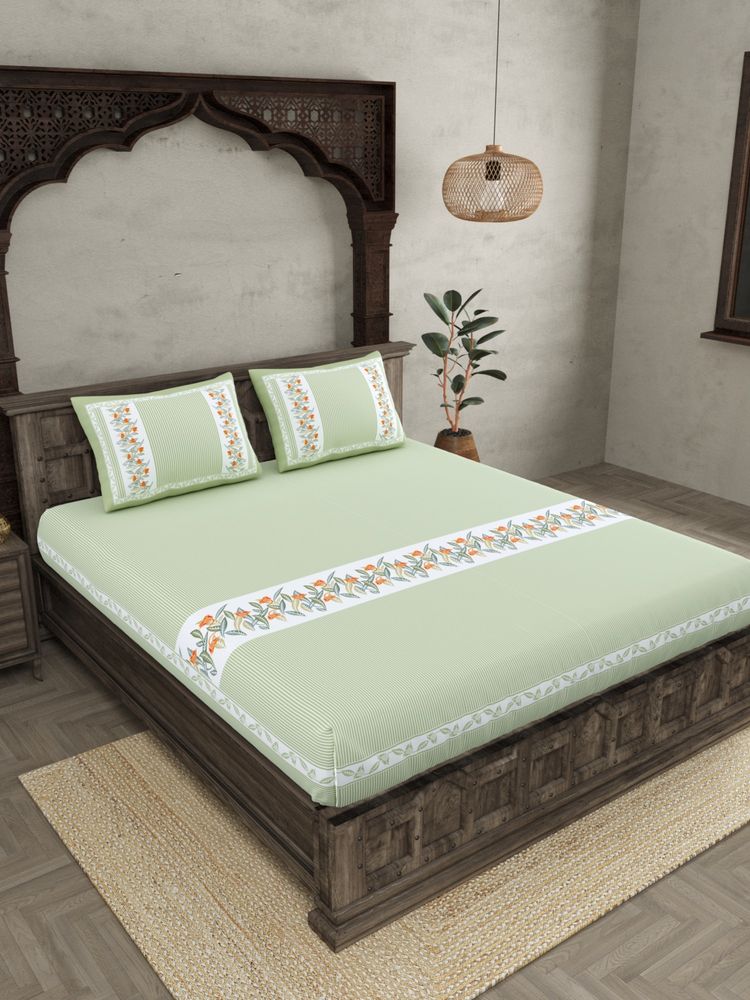 JAIPUR FABRIC Green Ethnic Motifs Cotton Fited Double King Bedsheet With 2 Pillow Cover-picture-13