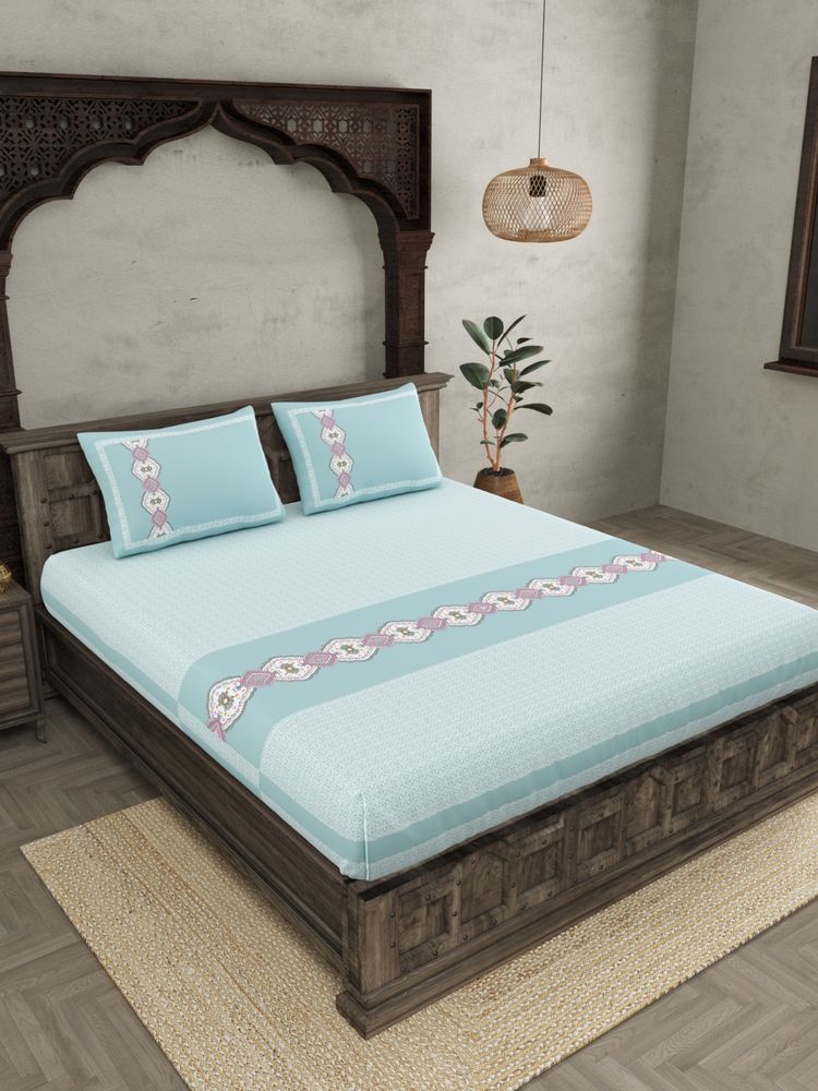 JAIPUR FABRIC Sea Green Ethnic Motifs Cotton Fited Double King Bedsheet With 2 Pillow Cover-picture-38