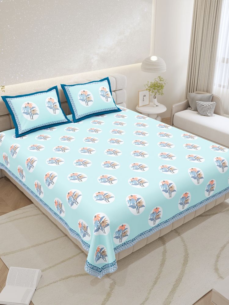 JAIPUR FABRIC Pure Cotton Hand Block Sky Blue Flat King Bedsheet With 2 Pillow Covers-image-47
