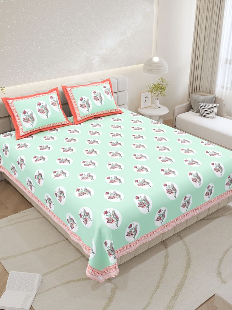 JAIPUR FABRIC Pure Cotton Hand Block Light Green Flat King Bedsheet With 2 Pillow Covers-image-8