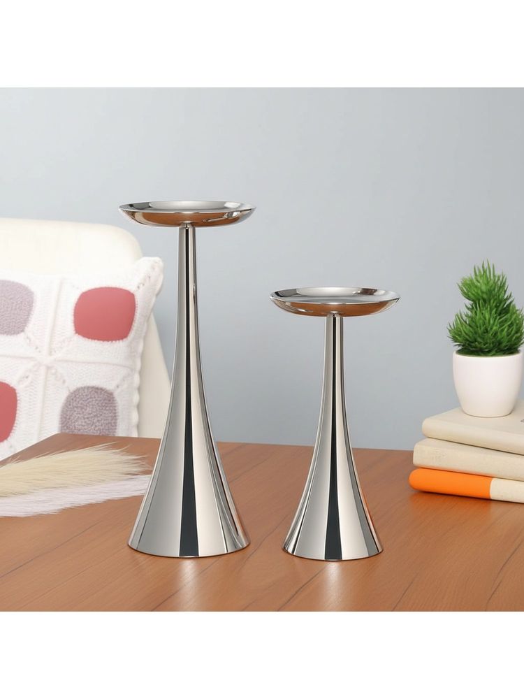 De Maison Decor Aureus Silver Pillar Candle Holders (Pack of 2)-image-2
