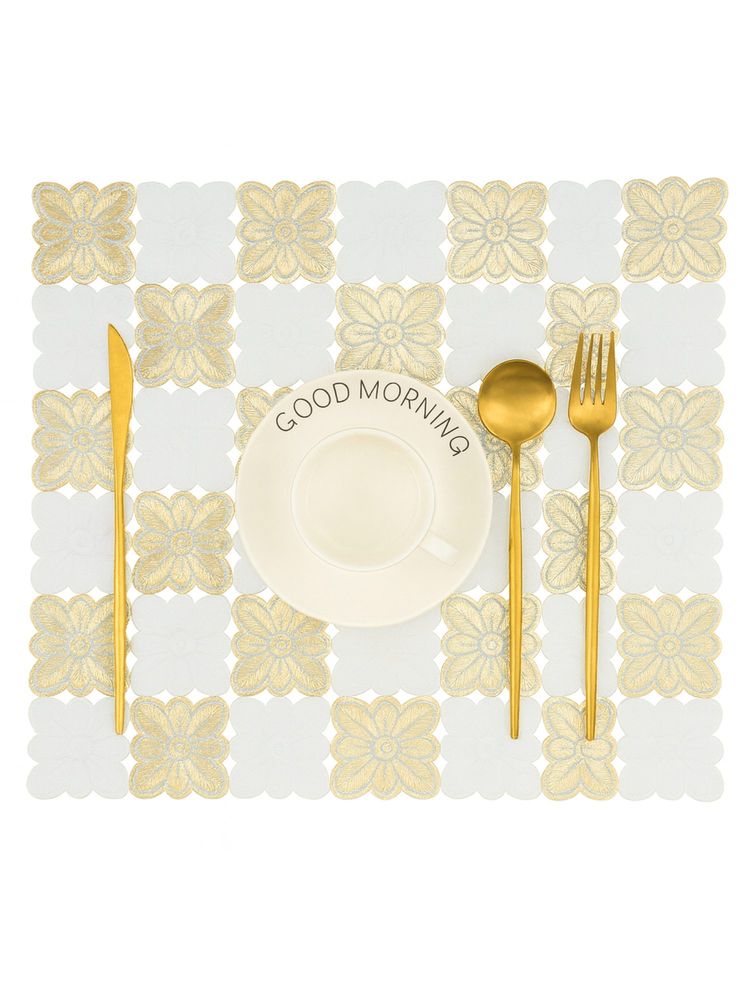 VIVALUXORA Checks Flowers Gold Table Placemats (Pack of 6)-picture-0