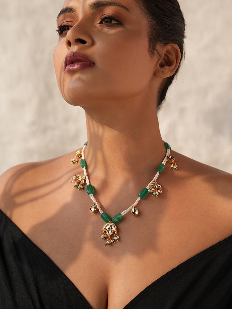 BINNI Green and White Studded Earrings and Necklace Set-image-27