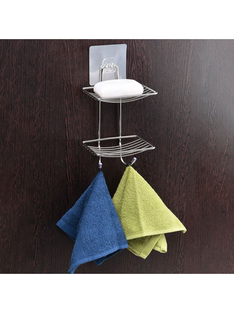 Kuber Industries Soap Holder Wall Double Layer Soap Dish Rack Dish Strainer Rack Silver-image-1