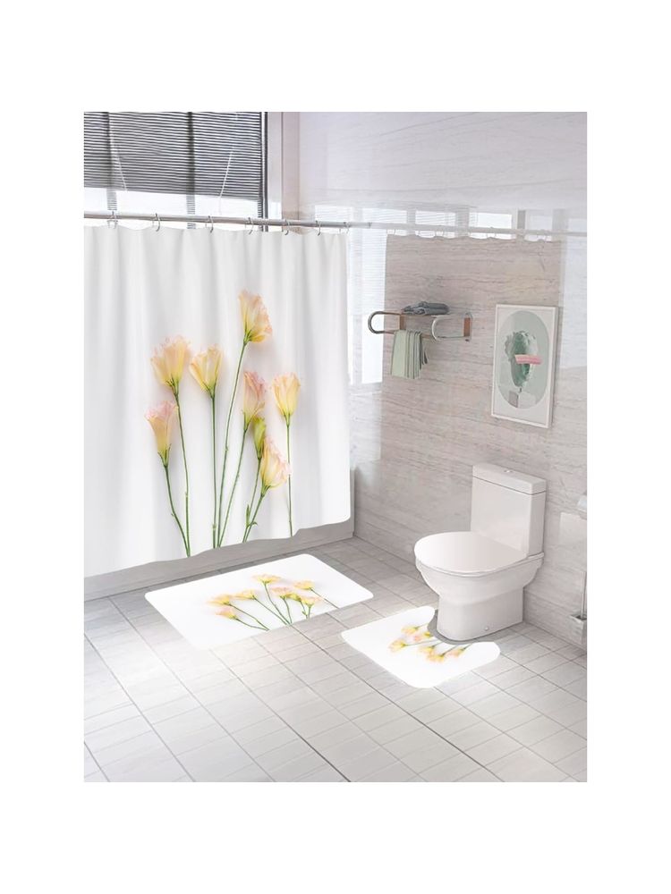 Kuber Industries Shower Curtain & Bathmat 3 Pcs Set (Summer Yellow Tulips)-image-35