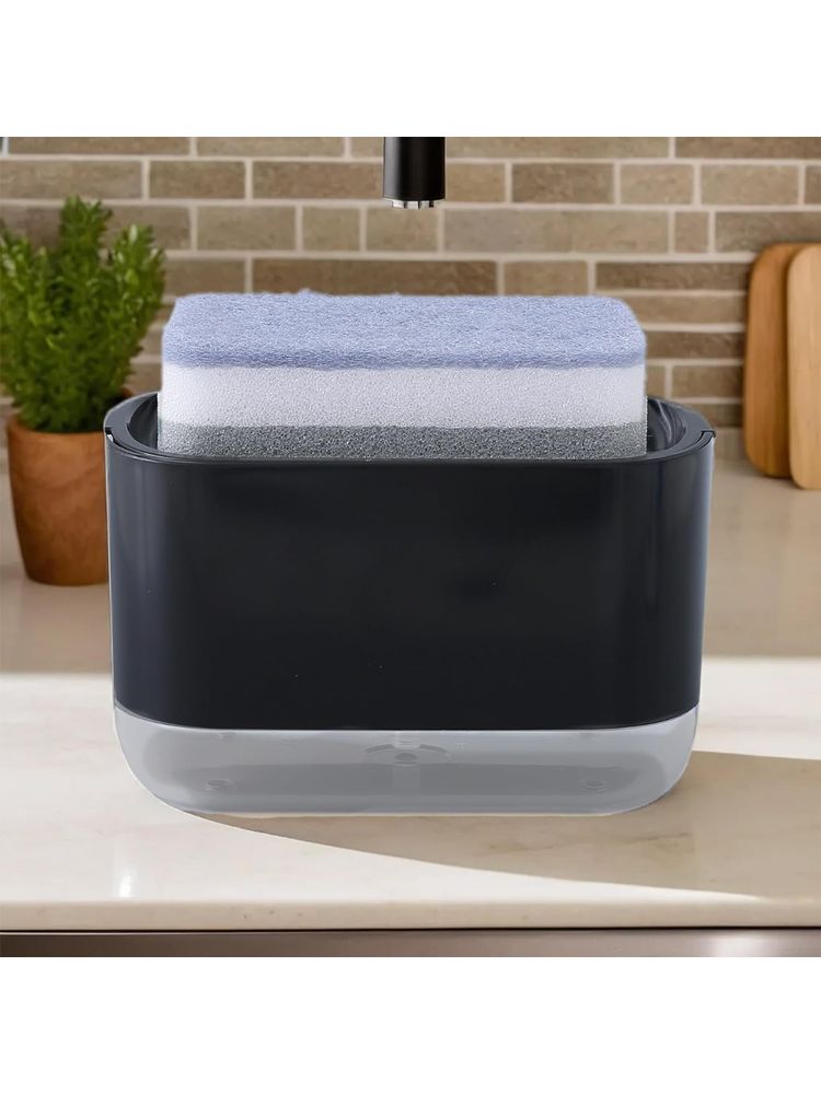 Kuber Industries 2 in 1 Press Soap Dish for Kitchen with Sponger Holder 300 ml Hollow Design |Black-image-11