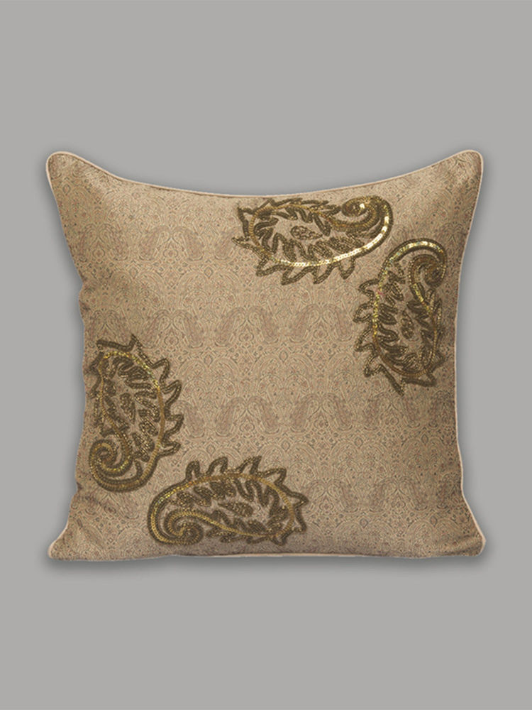 Zeba World Beige Brocade Embroidered Silk Cushion Cover (16 x 16 Inches)-picture-11
