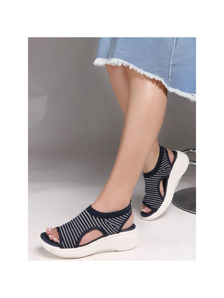 Carlton London Women Navy Blue Knitted Slip-On Wedge Sandals-picture-26