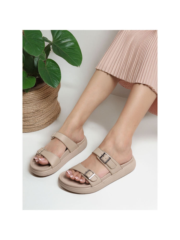 Carlton London Women Beige Double Buckle Slide Comfort Sandals-picture-11