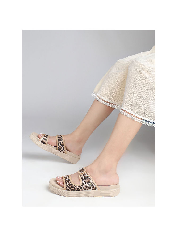 Carlton London Women Beige Animal Print Dual Strap Comfort Sandals-image-20