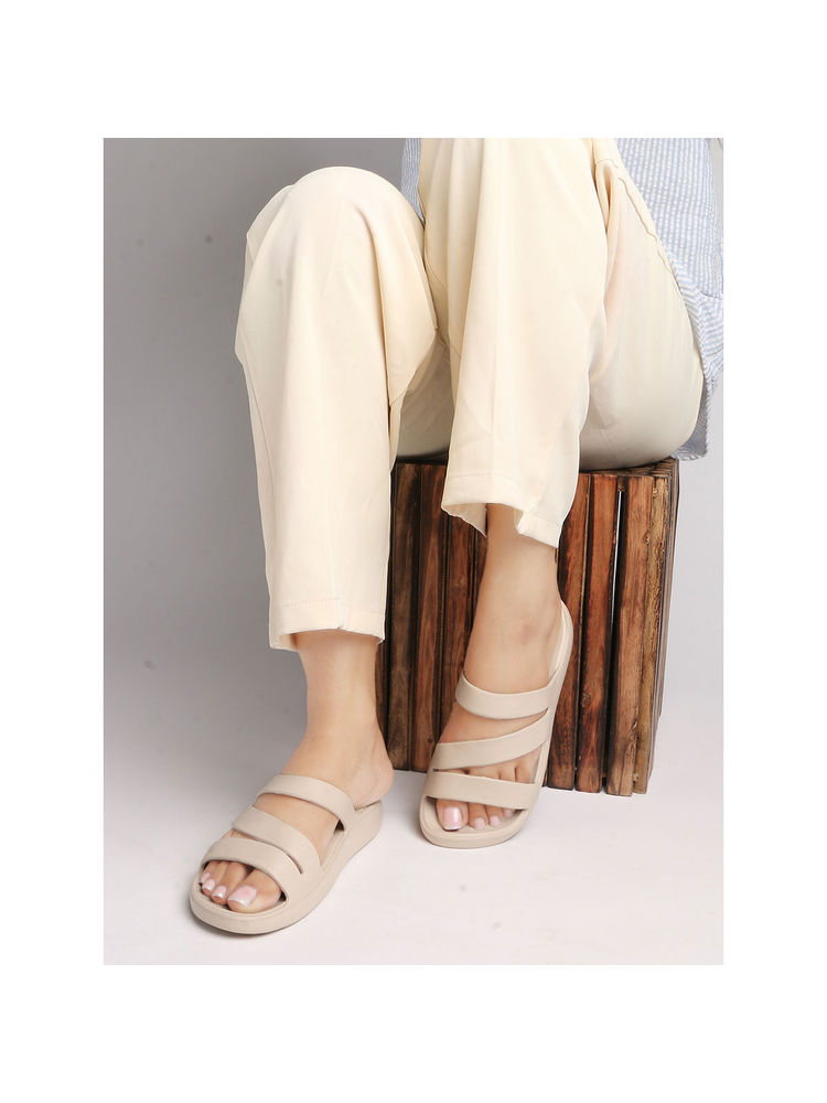 Carlton London Women Beige Three-Strap Platform Comfort Sandals