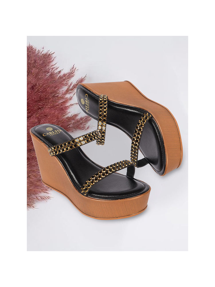 Carlton London Women Black Metallic Embellished Wedge Heels-image-24
