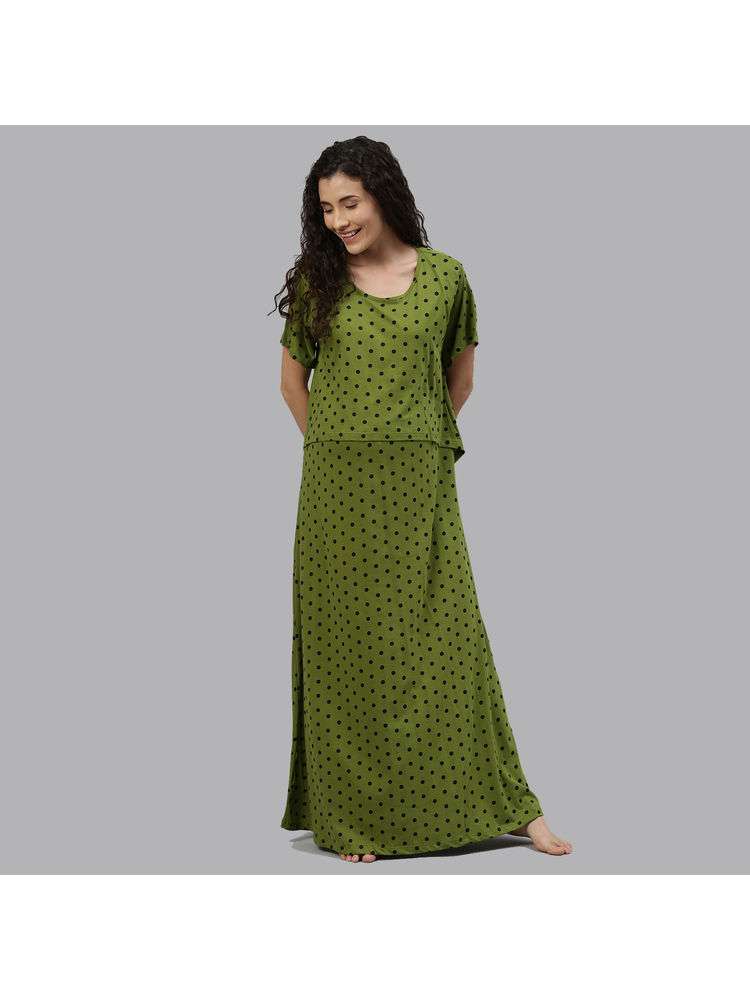 Nejo Ditsy Polka Print Front Zipper Feeding Nighty - Green-picture-3