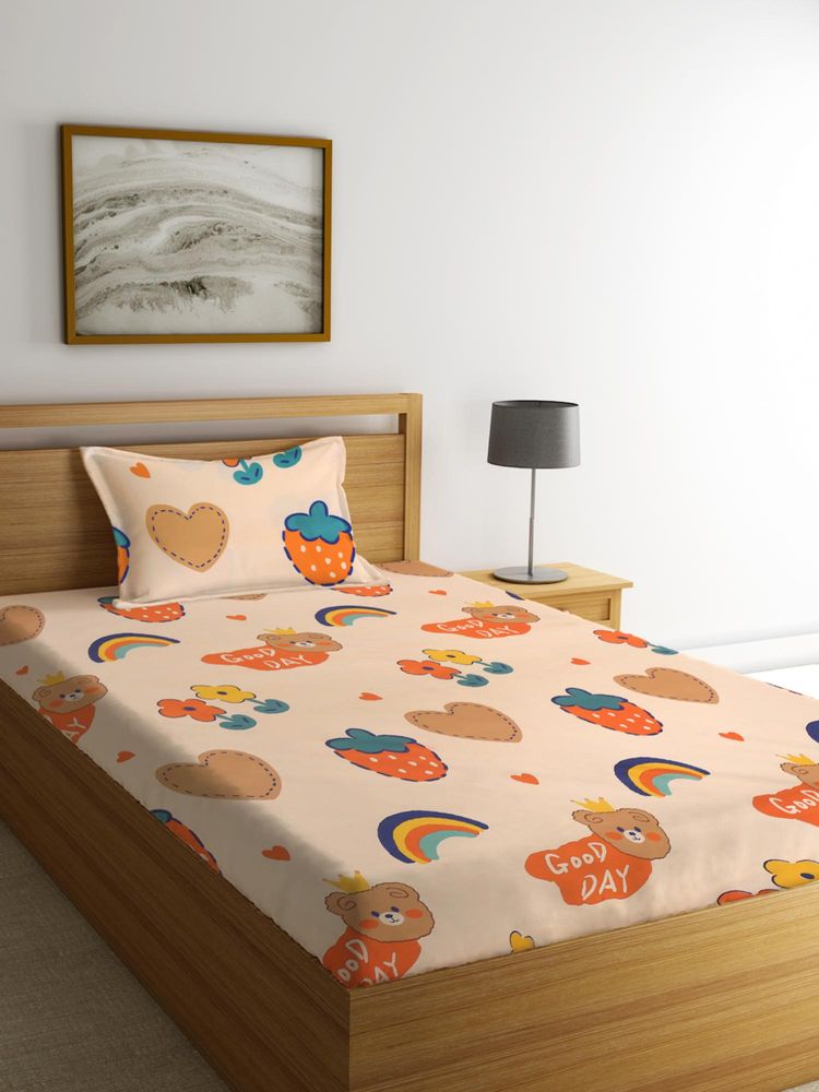 FABINALIV Peach Graphic Cotton Blend Single Bedsheet with Pillow Cover-image-49