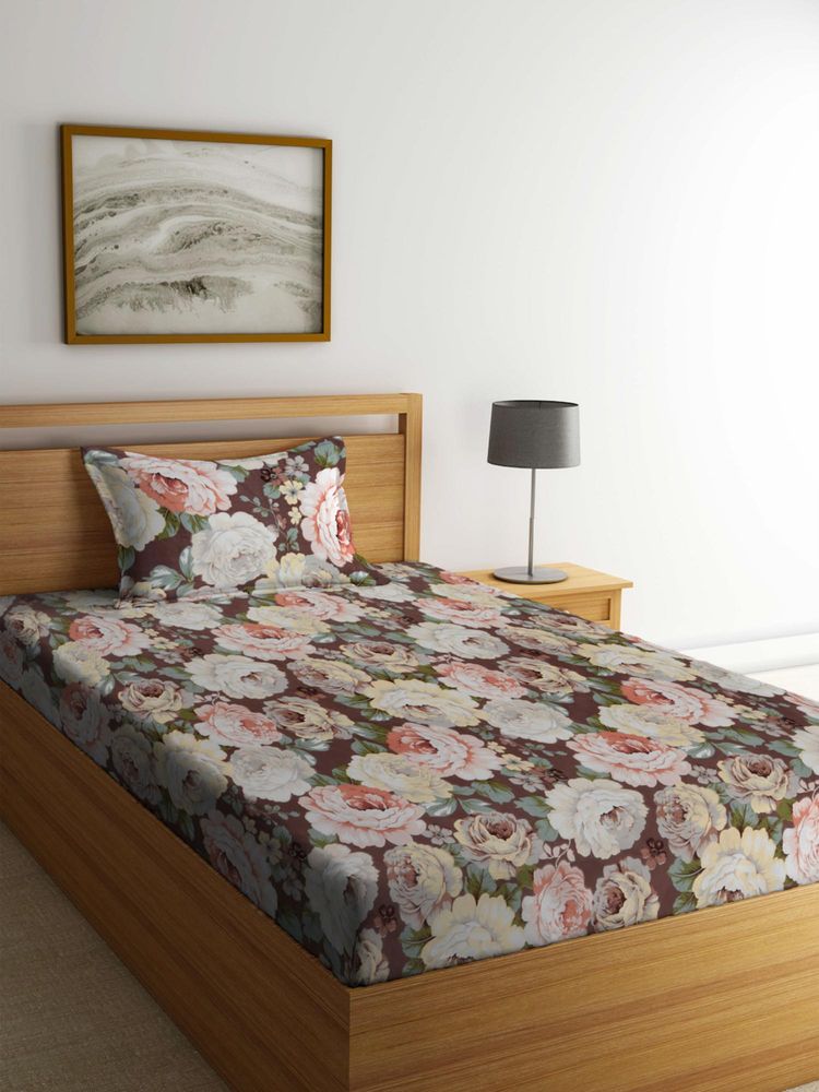 FABINALIV Brown Floral Cotton Blend Single Bedsheet with Pillow Cover-image-10