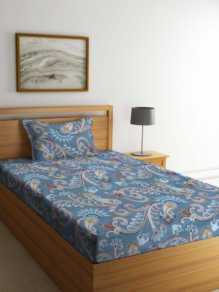 FABINALIV Blue Floral Cotton Blend Single Bedsheet with Pillow Cover-image-29