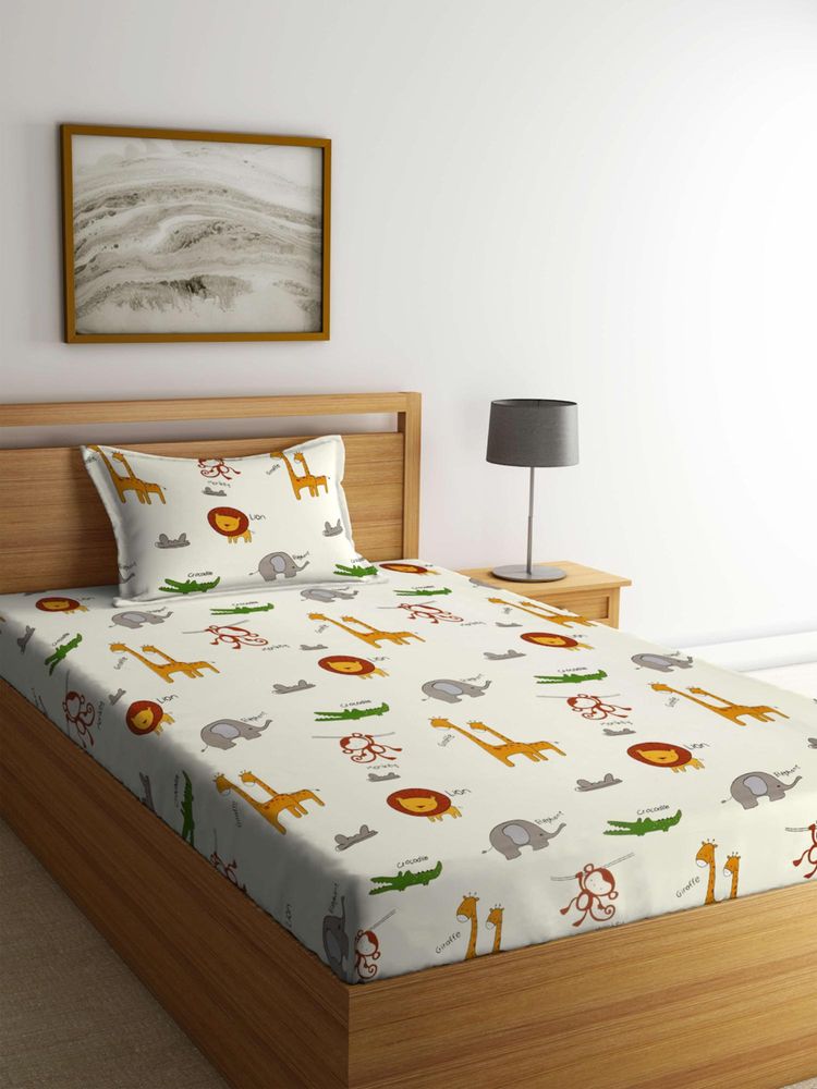 FABINALIV Off White Graphic Cotton Blend Single Bedsheet with Pillow Cover-image-42