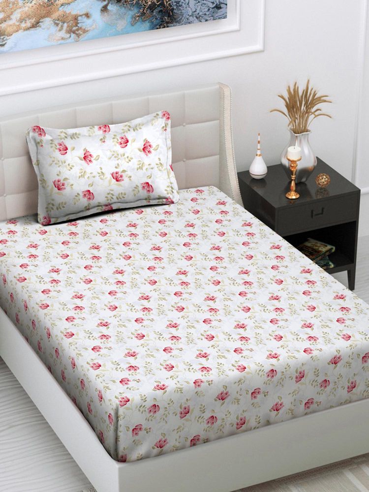 FABINALIV White Floral Cotton Blend Single Bedsheet with Pillow Cover-image-32