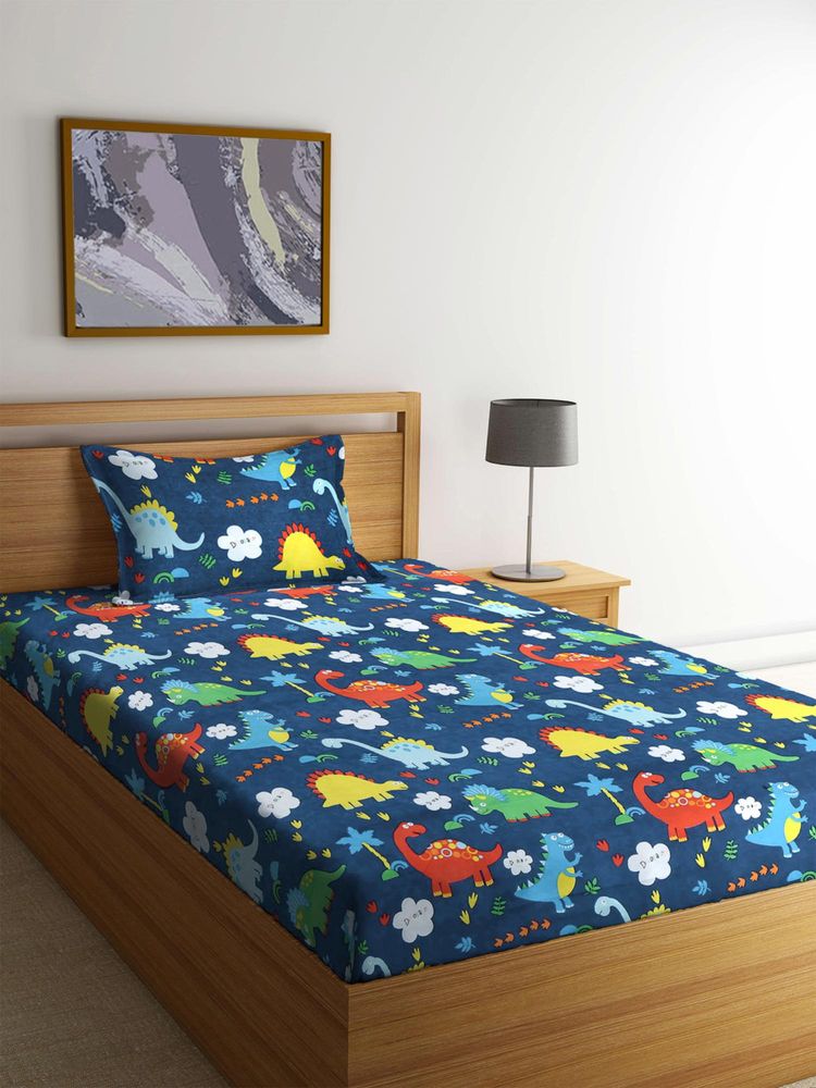 FABINALIV Blue Graphic Cotton Blend Single Bedsheet with Pillow Cover-image-45