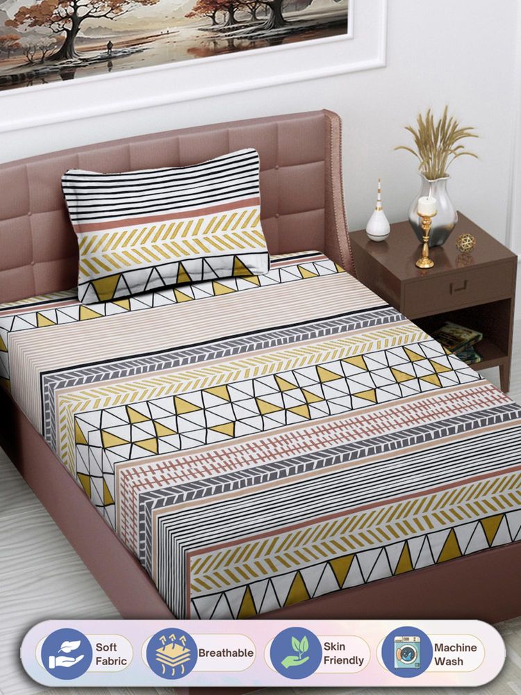 FABINALIV Multi-Color Geometric Cotton Blend Single Bedsheet with Pillow Cover-image-47