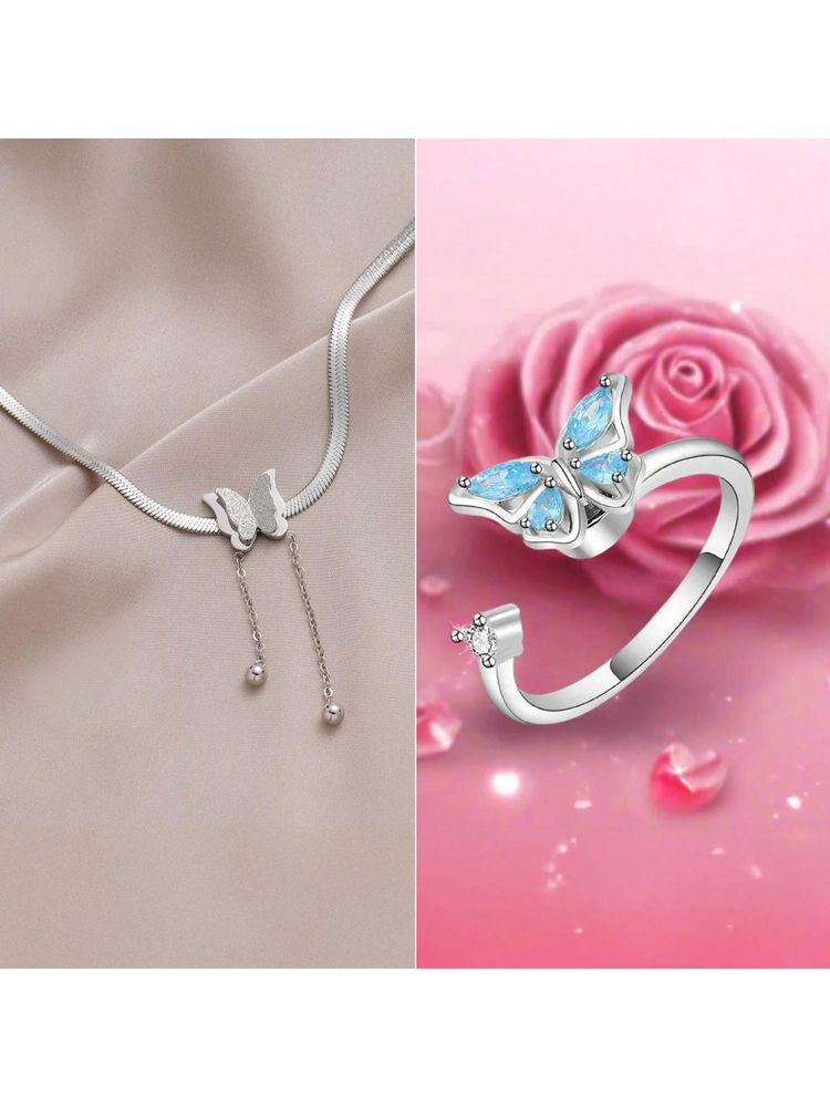 Gahan Silver Plated Blue Stone & Butterfly Shaped Ring and Butterfly Chain Necklace-picture-29