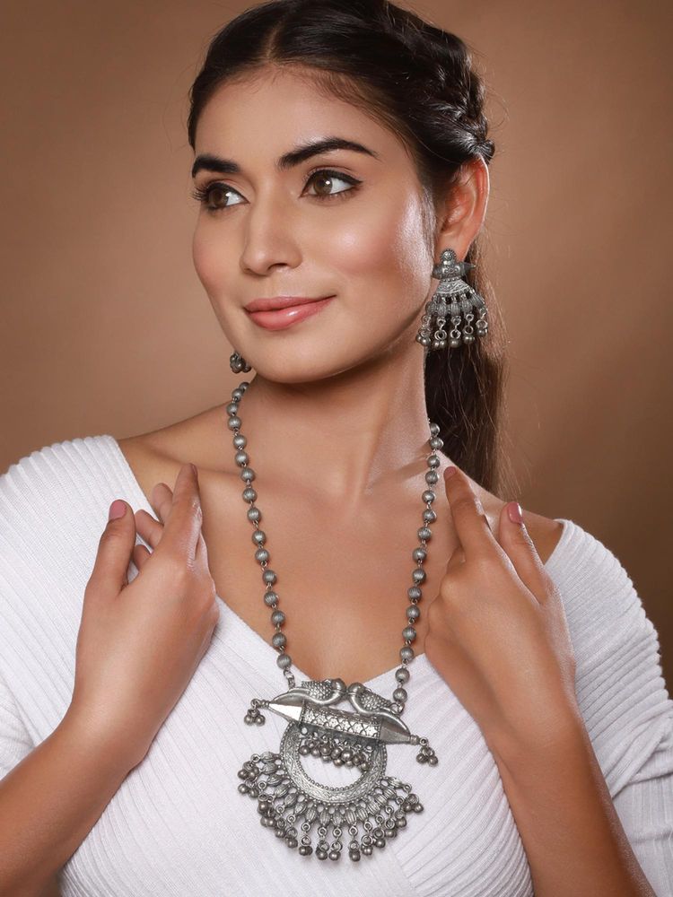 Gahan Oxidized Silver-Plated Artificial Stone Beaded Peacock Shaped Jewellery Set-picture-27