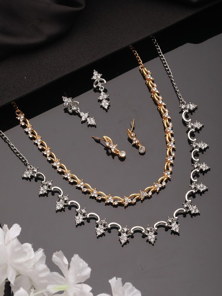 Gahan Pack of 2 Gold & Silver Plated CZ Studded Jewellery Sets-picture-26