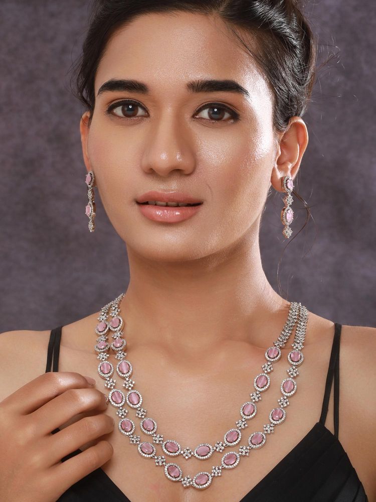 Gahan Jazz And Sizzle Rhodium-Plated PINK Ad-Studded Layered Jewellery Set-picture-8