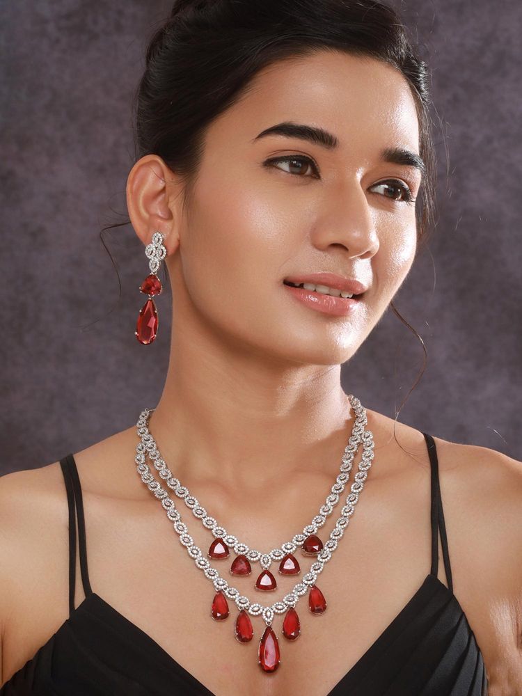 Gahan Rhodium-Plated American Diamond Studded Layered Contemporary Jewellery Set-picture-1