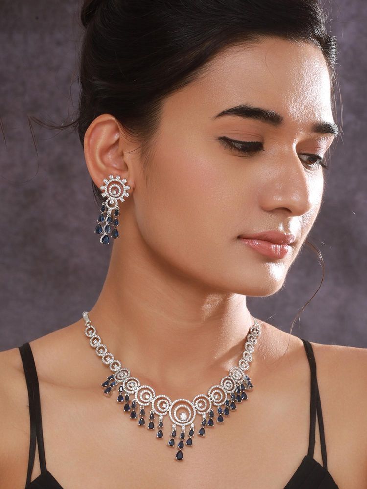 Gahan Rhodium-Plated Sapphire Blue American Diamond Studded Floral Jewellery Set-image-42