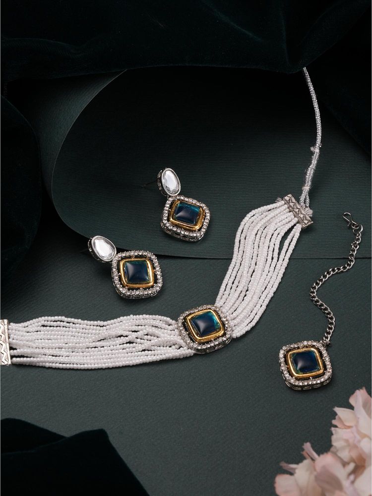 Gahan Gold-Plated Aqua Blue Austrian Diamond Studded & Beaded Jewellery Set-picture-24
