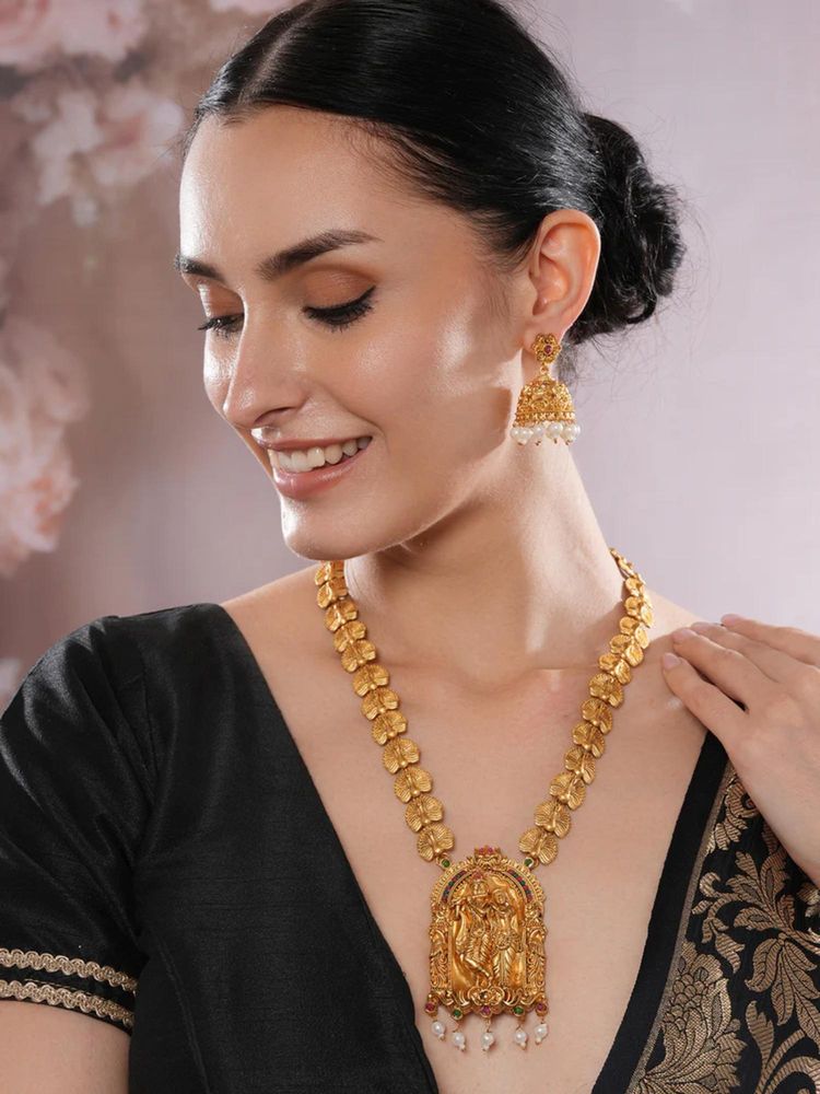 Gahan 22K Gold Plated Golden Beads & Pearl Drops Radha Krishna Temple Jewellery Set-picture-12