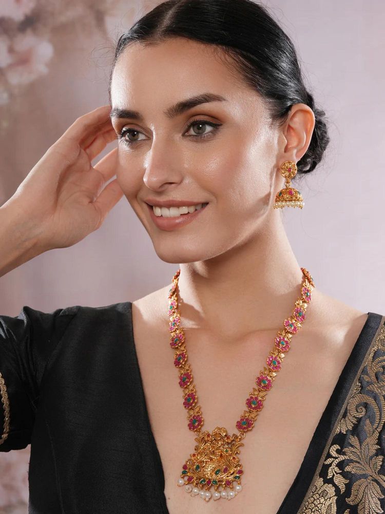 Gahan Gold-Plated Faux Ruby Studded Floral & Krishna Motif Temple Jewellery Set-picture-17