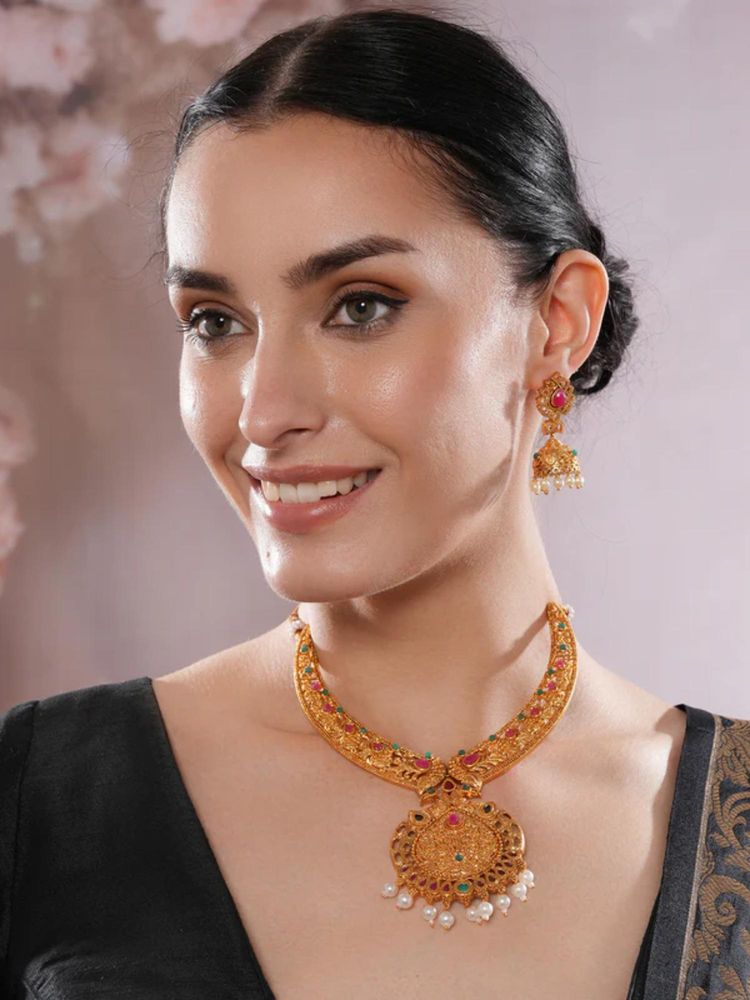 Gahan 22K Gold Plated Peacock Design Necklace Set with Matching Earrings-picture-1