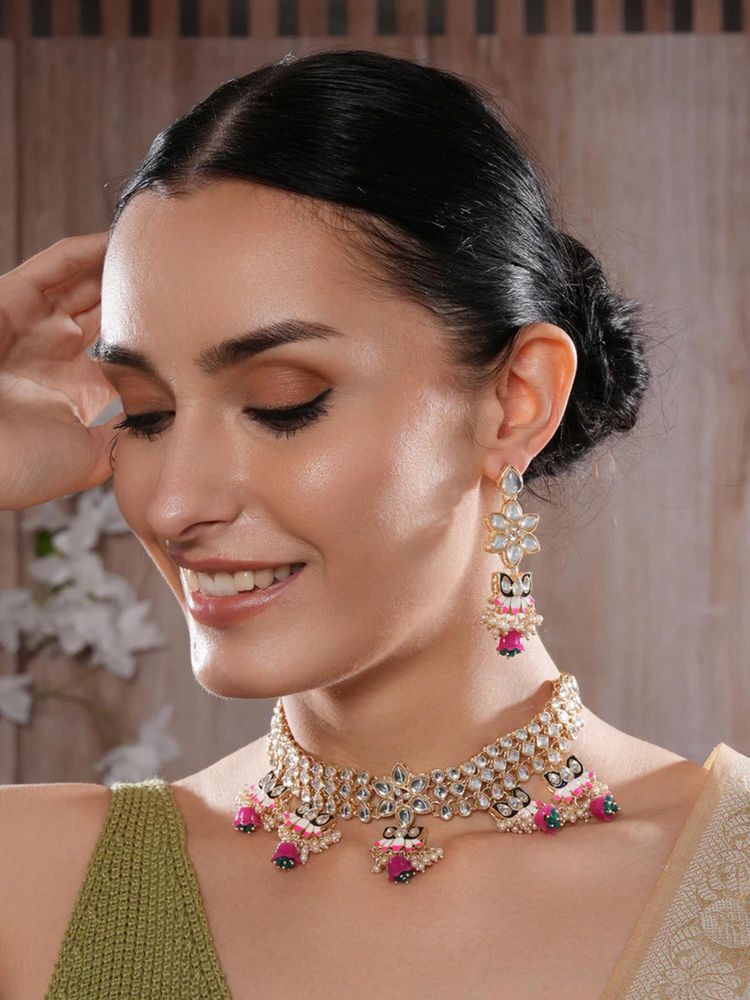 Gahan Gold-Plated Kundan-Studded & Black & Red Minakari Necklace & Earrings Set-picture-21